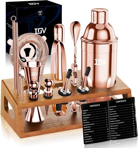 IOV Cocktail Shaker Set Bartender Kit with Stand | Bar Set Drink Mixer Set Includes Martini Shaker, Jigger, Strainer, Mixing Spoon, Muddler, Recipe Book | Home Bar Accessories Gift Set (Silver) in Saudi Arabia