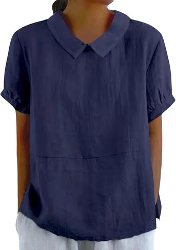 Cotton Linen Shirts for Women 2026 Summer Short Sleeve Casual Blouses Peter Pan Collared Work Vintage Tunic Tops Clothes in Saudi Arabia
