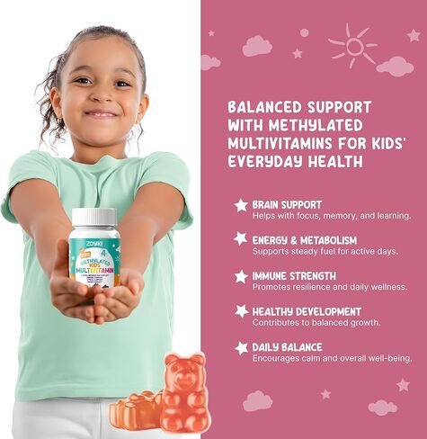 Methylated Multivitamin Gummies for Kids - Children’s MTHFR Support Supplement with B Complex 5-MTHF Folate (L-Methylfolate) B1 B3 B6 B12 Biotin Vitamins A C D3 E - Vegan Gluten-Free Sugar-Free in Saudi Arabia