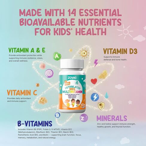 Methylated Multivitamin Gummies for Kids - Children’s MTHFR Support Supplement with B Complex 5-MTHF Folate (L-Methylfolate) B1 B3 B6 B12 Biotin Vitamins A C D3 E - Vegan Gluten-Free Sugar-Free in Saudi Arabia