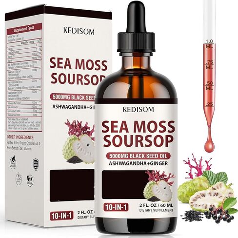 Sea Moss Liquid Drops 2 Fl Oz - Organic Black Seed Oil Irish Sea Moss Gel with Burdock Root, Bladderwrack, Elderberry, Vitamin C, D3, Seamoss Gel- Vegan in Kuwait