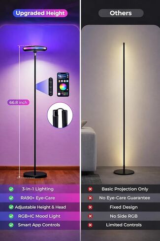 مصباح أرضي ذكي لغرفة المعيشة، جهاز عرض متموج RGB+WW، إضاءة أرضية زاوية LED، مصباح قائم طويل قابل للتعتيم مع التحكم في التطبيق، ضوء مزاج متغير اللون ومصباح قراءة للعناية بالعين لغرفة النوم in Kuwait