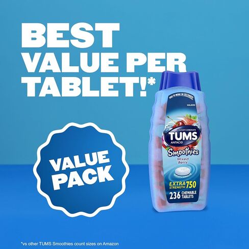 ​​TUMS Smoothies Chewable Antacid Tablets for Extra Strength Heartburn Relief, Mixed Berry - 236 Count​ in Saudi Arabia