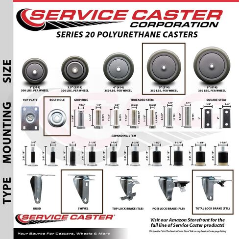 Polyurethane Swivel Bolt Hole Caster Set of 4 w/4" x 1.25" Gray Wheels - Includes 4 Swivel - 1400 lbs Total Capacity - Service Caster Brand in Saudi Arabia