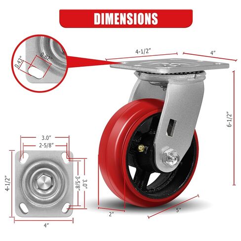 5"X2" Industrial Casters,Heavy Duty Casters Set of 4,Crowned Polyurethane Tread Cast Iron Center Wheels, 2 Rigid 2 Top Lock Brake Casters, Load Capacity 4000 lbs Per Set (4-Pack) in Kuwait