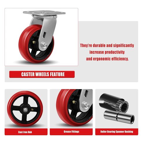 5"X2" Industrial Casters,Heavy Duty Casters Set of 4,Crowned Polyurethane Tread Cast Iron Center Wheels, 2 Rigid 2 Top Lock Brake Casters, Load Capacity 4000 lbs Per Set (4-Pack) in Kuwait