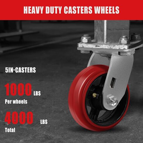 5"X2" Industrial Casters,Heavy Duty Casters Set of 4,Crowned Polyurethane Tread Cast Iron Center Wheels, 2 Rigid 2 Top Lock Brake Casters, Load Capacity 4000 lbs Per Set (4-Pack) in Kuwait