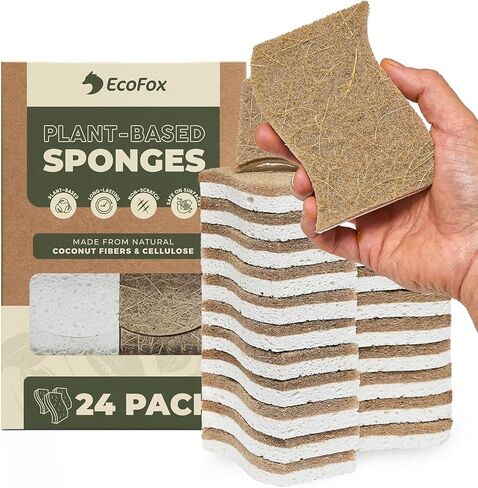 Plant-Based Kitchen Sponges (12 Pack) | USDA Biobased Certified | FSC & PETA Approved | Natural Cellulose & Coconut Scrubber Sponge | S-Shaped Design | Eco-Friendly, Non-Scratch, Non-Toxic & Vegan in Kuwait