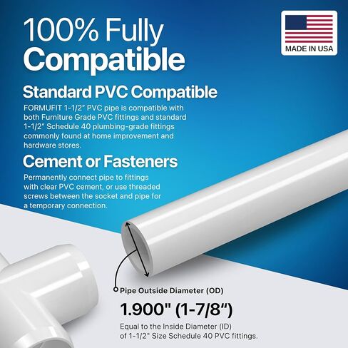 أنبوب PVC FORMUFIT، مقاس 1-1/2 بوصة، (1.900 بوصة OD فعلي) Sch 40 درجة الأثاث، أبيض (40 بوصة طول × 3 عبوات) هيكلي DIY للدفيئة والحديقة وخفة حركة الكلاب ومشاريع التصنيع - P112FGP-WH-40x3 in Kuwait