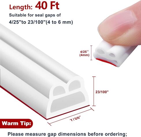 40FT Rubber Weather Stripping Door Seal, Self Adhesive Door Insulation Strip, Block Drafts, Multi-Layer Soundproof, Weatherstripping for Door Frame and Windows (White) in Saudi Arabia