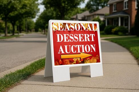 Seasonal Dessert Auction Autumn Frame Colorful Maple Leaves On Red Background Up Arrows A-Frame Single Sided 23x23 in. sign in Saudi Arabia