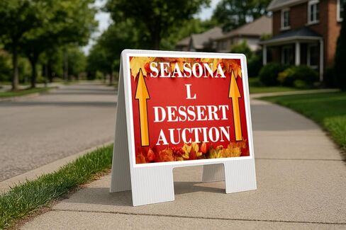Seasonal Dessert Auction Autumn Frame Colorful Maple Leaves On Red Background Up Arrows A-Frame Single Sided 23x23 in. sign in Saudi Arabia
