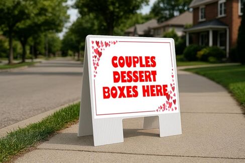 Couples Dessert Boxes Here Red Frame With Hearts Directional Arrows A-Frame Double Sided 23x23 in. sign in Saudi Arabia