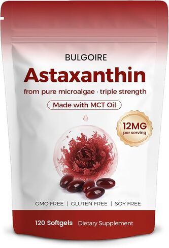 Astaxanthin 12mg with MCT Oil – 120 Softgels, Premium Astaxanthin Organic Supplements, Natural Microalgae Source, Triple Strength, Non-GMO & Gluten Free (Pack of 1) in Saudi Arabia