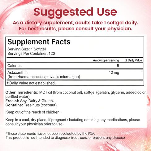 Astaxanthin 12mg with MCT Oil – 120 Softgels, Premium Astaxanthin Organic Supplements, Natural Microalgae Source, Triple Strength, Non-GMO & Gluten Free (Pack of 1) in Saudi Arabia