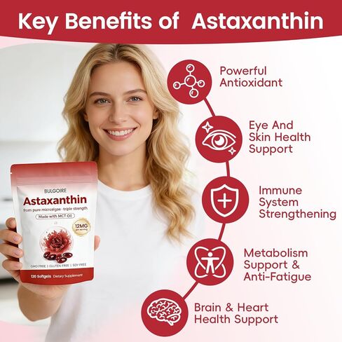 Astaxanthin 12mg with MCT Oil – 120 Softgels, Premium Astaxanthin Organic Supplements, Natural Microalgae Source, Triple Strength, Non-GMO & Gluten Free (Pack of 1) in Saudi Arabia