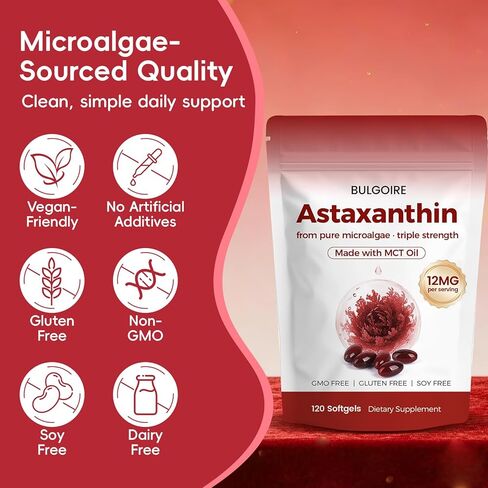 Astaxanthin 12mg with MCT Oil – 120 Softgels, Premium Astaxanthin Organic Supplements, Natural Microalgae Source, Triple Strength, Non-GMO & Gluten Free (Pack of 1) in Saudi Arabia