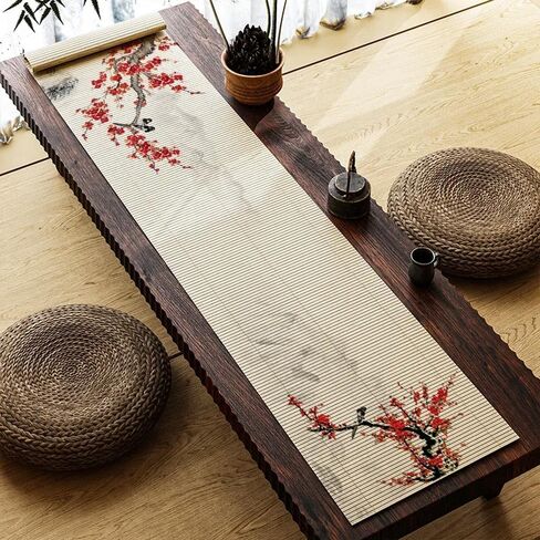 Asian Style Bamboo Table Runner, Ancient Chinese Paintings Zen Table Mat Placemat for Home Office Party Decor (Magnolia, 12x72 Inch) in Saudi Arabia