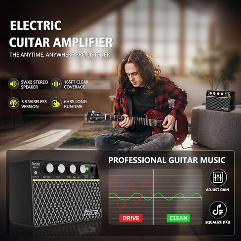 AZOR Guitar Amp, 10W USB-C Rechargeable, 6H Working Mini Electric Guitar Amplifier Wireless Amp with Clean/Drive Channels with 3.5mm Headphone/AUX Jack Output for Indoor Practice in Saudi Arabia