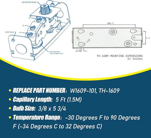 W1609-101 TH-1609 ترموستات للتحكم في درجة الحرارة للتبريد، -30 درجة فهرنهايت إلى 90 درجة فهرنهايت (-34 درجة مئوية إلى 32 درجة مئوية)، 5 أقدام شعرية، 3.5 درجة فهرنهايت إلى 16 درجة فهرنهايت، لمبة استشعار عن بعد in Kuwait