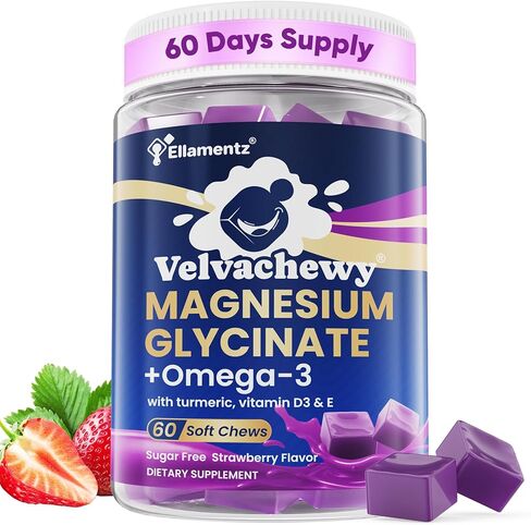 Magnesium Glycinate Gummies 500mg - Magnesium with Omega-3, Turmeric, Vitamin D3 & E | Magnesium Glycinate Soft Chews for Adults | for Sleep, Muscle & Brain | 60 Counts in Kuwait