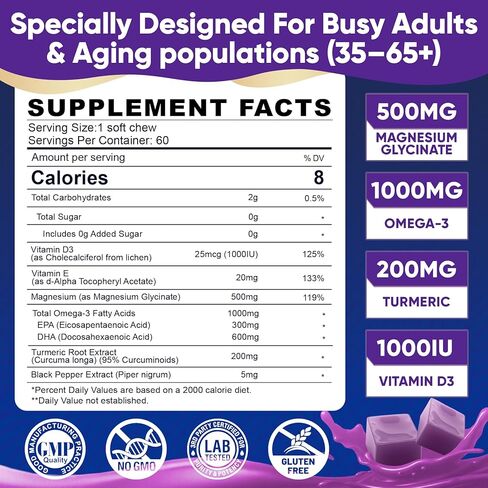 Magnesium Glycinate Gummies 500mg - Magnesium with Omega-3, Turmeric, Vitamin D3 & E | Magnesium Glycinate Soft Chews for Adults | for Sleep, Muscle & Brain | 60 Counts in Kuwait