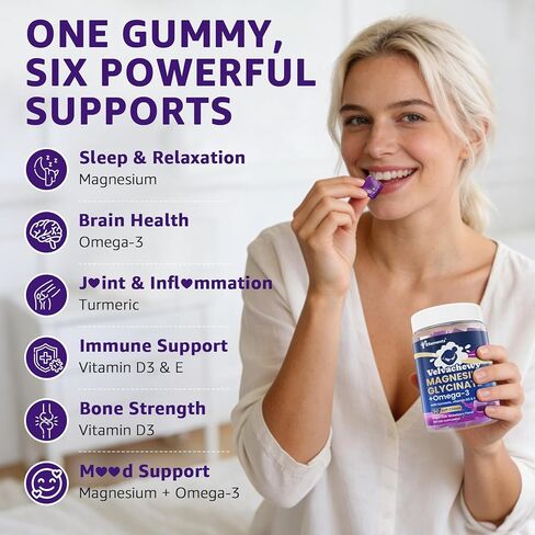 Magnesium Glycinate Gummies 500mg - Magnesium with Omega-3, Turmeric, Vitamin D3 & E | Magnesium Glycinate Soft Chews for Adults | for Sleep, Muscle & Brain | 60 Counts in Kuwait
