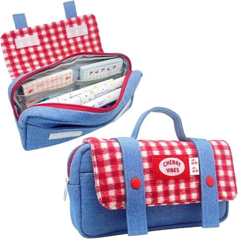 Checkered Big Capacity Pencil Case Large Pen Pouch with Zipper, Cute Portable Stationery Storage Bag Organizer with Carrying Handle for Adult Students Officers Women, Red in Saudi Arabia