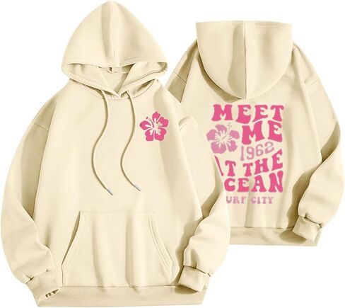 Pink Palm Puff Hoodie for Women Sweatshirt Graphic Letter Print Casual Long Sleeve Drawstring Pullover Tops Pocket in Saudi Arabia