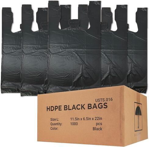 Heavy Duty Black T-Shirt Bags (1000 Count) – 11.5" x 6.5" x 22" – Strong Plastic Grocery & Shopping Bags for Restaurants, Retail and Commercial Use in Saudi Arabia