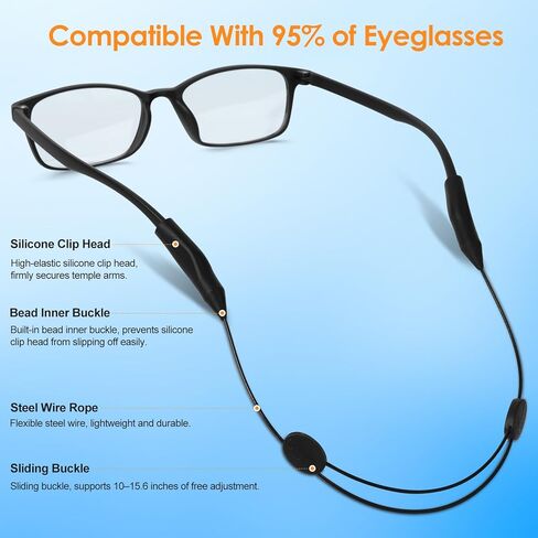 4 Pack Adjustable Anti-Slip No-Tail Glasses Strap, Sports Sunglasses Retainer for Running Fitness, Black in Saudi Arabia