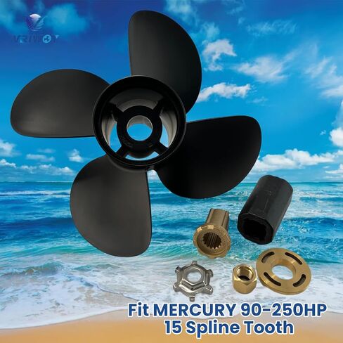 OEM الصف الألومنيوم قارب المروحة 14x17 لمحركات الزئبق الخارجية 90HP-250HP، 4-شفرة 15 خدد الأسنان RH، محور قابل للتبديل، يناسب 90 115 135 175 200 225 250HP in Kuwait