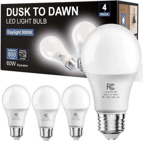 DAYBETTER 4 Pack A19 من الغسق إلى الفجر لمبات الإضاءة في الهواء الطلق، تشغيل/إيقاف مستشعر الخلايا الكهروضوئية LED لمبة الإضاءة للشرفة والإضاءة الأمنية، ما يعادل 60W، كفاءة في استخدام الطاقة 9W، ضوء النهار 5000K، قاعدة E26 in Kuwait