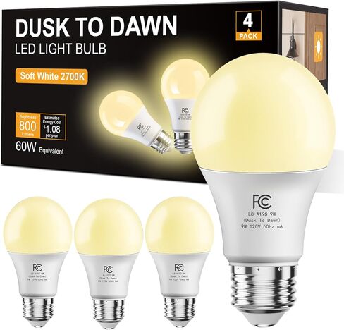 DAYBETTER 4 Pack A19 من الغسق إلى الفجر لمبات الإضاءة في الهواء الطلق، تشغيل/إيقاف مستشعر الخلايا الكهروضوئية LED لمبة الإضاءة للشرفة والإضاءة الأمنية، ما يعادل 60W، كفاءة في استخدام الطاقة 9W، ضوء النهار 5000K، قاعدة E26 in Kuwait