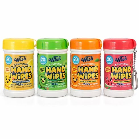 سلسلة مفاتيح مناديل مبللة لليد من ويش، 4 عبوات، 20 منديلًا لكل منها، مناديل مبللة بحجم مناسب للسفر - معطرة بالليمون والبطيخ والبرتقال والكيوي in Kuwait