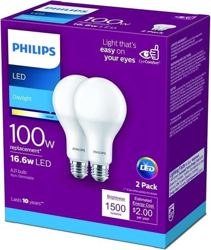 PHILIPS LED Frosted Dimmable A19 Light Bulb - Pack of 2 - EyeComfort Flicker Free - 16W = 100W - 1600 Lumen - Daylight (5000K) - E26 Base - Indoor - Title 20 in Saudi Arabia