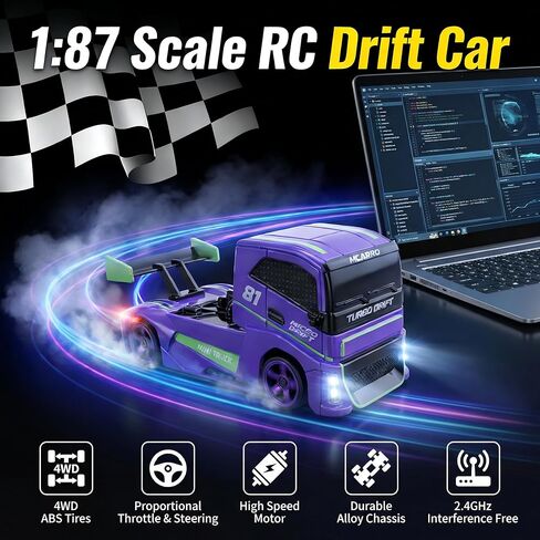 1/87 Scale Drift Rc Car - Semi-Truck Edition | 2.4GHz 4WD High-Speed Mini Remote Control Truck with Racing Lights (Gray) in Saudi Arabia