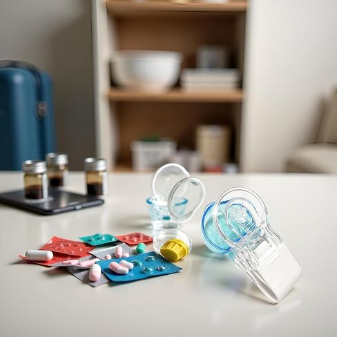 قطعة واحدة من جهاز أخذ حبوب منع الحمل الأزرق المحمول، أداة مساعدة فتاحة حبوب منع الحمل، جهاز أخذ حبوب منع الحمل أثناء السفر، صندوق تخزين صغير للأدوية وموزع حبوب الدواء، أفراد مع أدوات مساعدة طبية لتنظيم حبوب الدواء الضعيفة in Kuwait