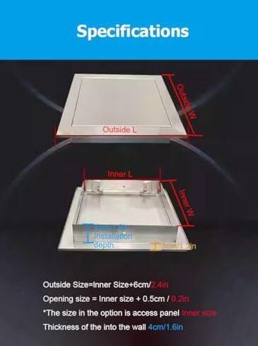 باب الوصول إلى السباكة من الفولاذ المقاوم للصدأ المخفي 4-36 بوصة، آلية فتح/إغلاق التثبيت F، لوحة السقف للجدار الجاف، فتحة الوصول إلى عمود الخدمة (66 × 66 سم / 26 × 26) in Kuwait
