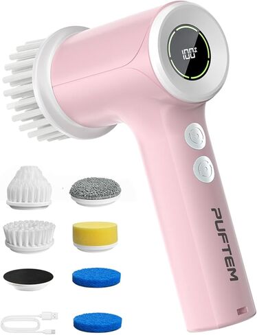 PUFTEM Upgraded Electric Spin Scrubber, Powerful Cordless Shower Scrubber with 4500mAh Large Battery & Speed Display, 6 Replaceable Brush Heads, Cleaning Brush for Bathroom Tile Tub Floor (White) in Kuwait