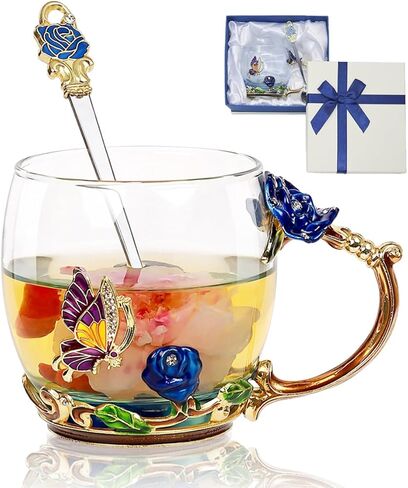 Flower Tea Cup,Butterfly Rose Clear Glass Fancy Coffee Mug with Spoon,Gift Box for Her Mom Wife Grandma Girls Women Christmas Birthday Present Idea for Juice,Hot And Cold Drinks Use in Saudi Arabia