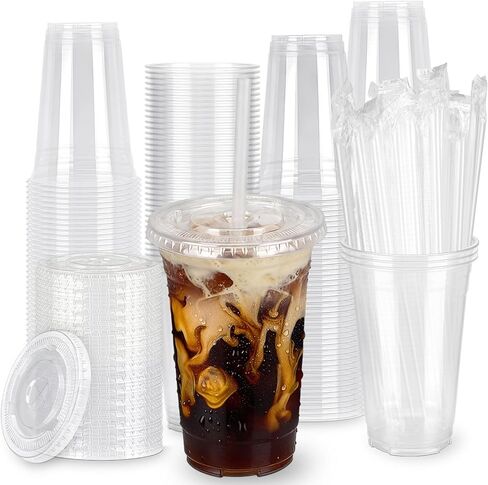 100 Pack 16oz Clear Plastic Cups with Lids and Straws, Leak-Proof Disposable Iced Coffee Cups, BPA-Free Recyclable PET To-Go Cups for Smoothies & Cold Drinks in Saudi Arabia