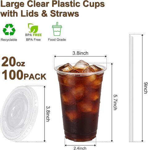 100 Pack 16oz Clear Plastic Cups with Lids and Straws, Leak-Proof Disposable Iced Coffee Cups, BPA-Free Recyclable PET To-Go Cups for Smoothies & Cold Drinks in Saudi Arabia