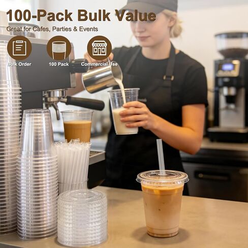 100 Pack 16oz Clear Plastic Cups with Lids and Straws, Leak-Proof Disposable Iced Coffee Cups, BPA-Free Recyclable PET To-Go Cups for Smoothies & Cold Drinks in Saudi Arabia