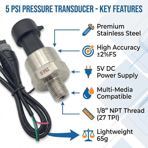1 Pc 5 psi Pressure transducer, 1/8 inch Oil Fuel Pressure Transducer Sensor for 27 NPT Water Pressure Sensor, Stainless Steel Oil Pressure Sender for Air/Gas/Water, 5V DC, High Accuracy in Saudi Arabia