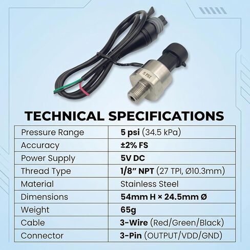 1 Pc 5 psi Pressure transducer, 1/8 inch Oil Fuel Pressure Transducer Sensor for 27 NPT Water Pressure Sensor, Stainless Steel Oil Pressure Sender for Air/Gas/Water, 5V DC, High Accuracy in Saudi Arabia