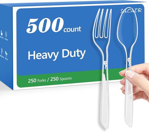 عدد 1000 من أدوات المائدة البلاستيكية شديدة التحمل من SACATR - 500 شوكة، 500 ملعقة، خالية من البيسفينول A، مقاومة للحرارة، ملاعق بلاستيكية للاستعمال مرة واحدة، أدوات مائدة متينة متينة للحفلات والمناسبات والاستخدام اليومي in Kuwait