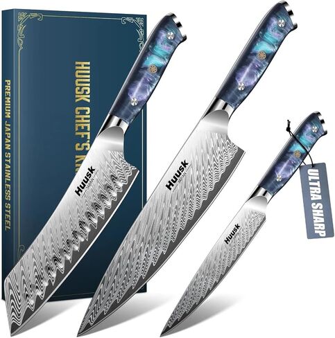 Huusk Japanese Knife Set 3 PCS - Stainless Chef Knife Set with Sheath & Ergonomic Resin Handle, Hand Sharpened Full Tang Professional Kitchen Knives for All Purpose, Gifts Idea for Men Women in Saudi Arabia