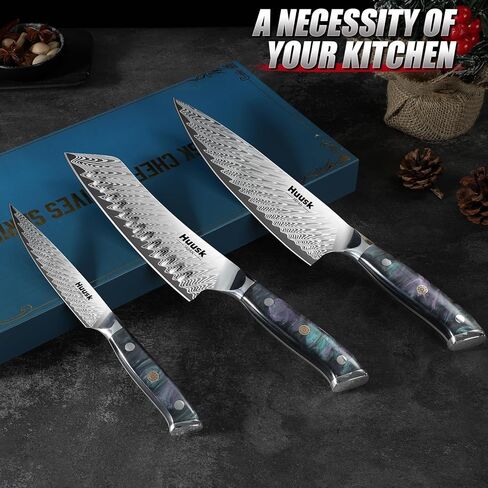 Huusk Japanese Knife Set 3 PCS - Stainless Chef Knife Set with Sheath & Ergonomic Resin Handle, Hand Sharpened Full Tang Professional Kitchen Knives for All Purpose, Gifts Idea for Men Women in Saudi Arabia