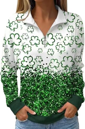 سويت شيرت نسائي بأكمام طويلة من Qbily لعيد القديس باتريك كاجوال لاكي أيرلندي لامع قمصان شامروك بادي لعيد الميلاد بلوفر علوي in Kuwait